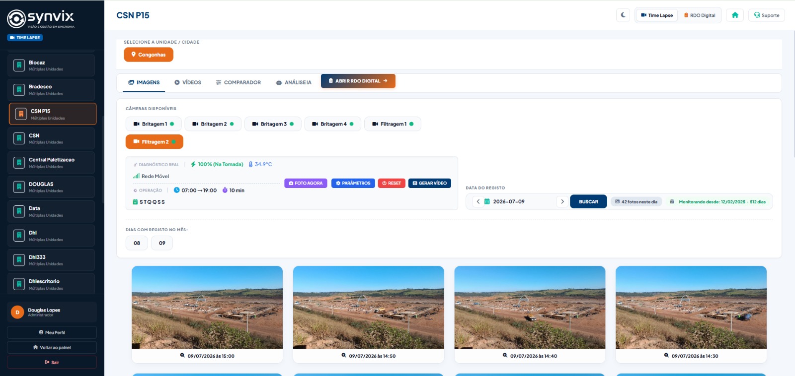 Plataforma Synvix — Módulo Time Lapse com câmeras da mineração CSN P15 em Congonhas / MG, telemetria em tempo real, calendário de dias e comparador antes/depois